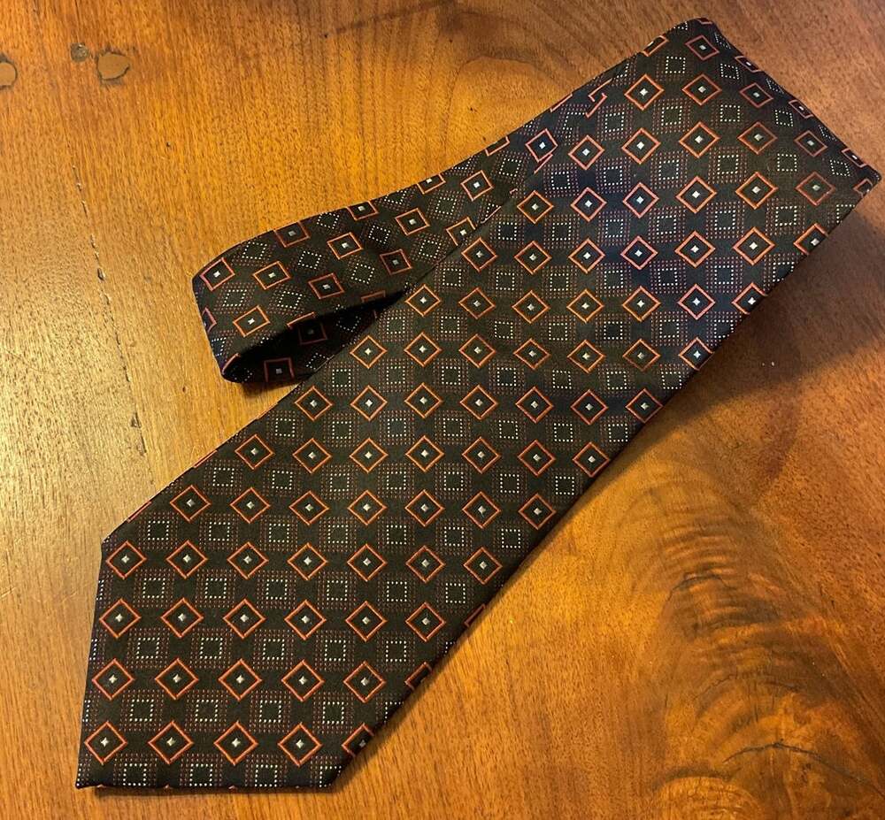 100% Silk Geoffrey Beene Black/Orange Geometric Squares & Diamonds Dress Necktie